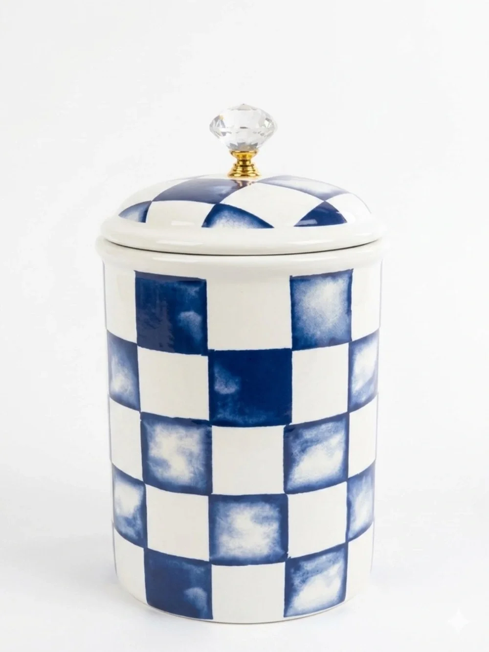 Blue & White Checkered Ceramic Canister with Clear Knob on Lid